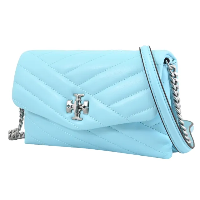 【TORY BURCH】經典雙T LOGO絎縫斜格紋翻蓋轉釦斜背包(淺藍)