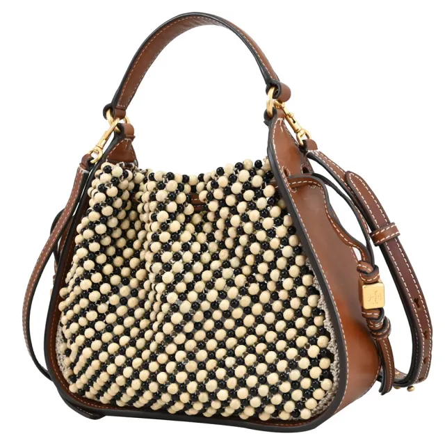 【TORY BURCH】金屬LOGO編織珠飾手提包束袋包兩用包(咖邊)