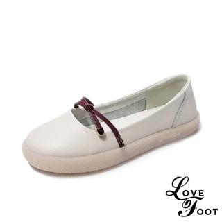 【LOVE FOOT 樂芙】真皮復古圓頭一字蝴蝶結造型平底休閒鞋(米)