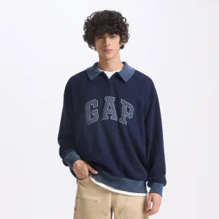 【GAP】男裝 Logo刺繡翻領長袖上衣 碳素軟磨法式圈織系列-海軍藍(639199)