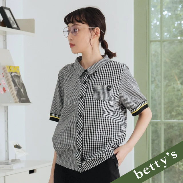 betty’s 貝蒂思 大小格紋拼接短袖襯衫(黑色)