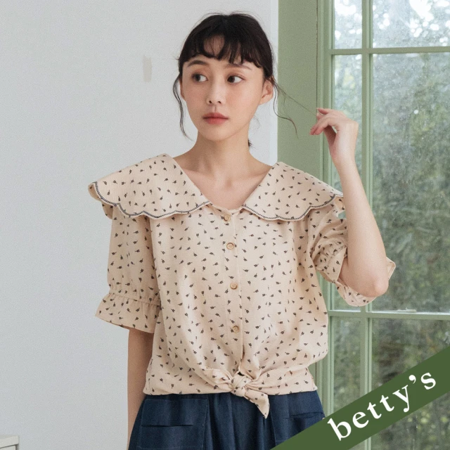 betty’s 貝蒂思 小葉子印花雲朵邊翻領短袖襯衫(卡其)