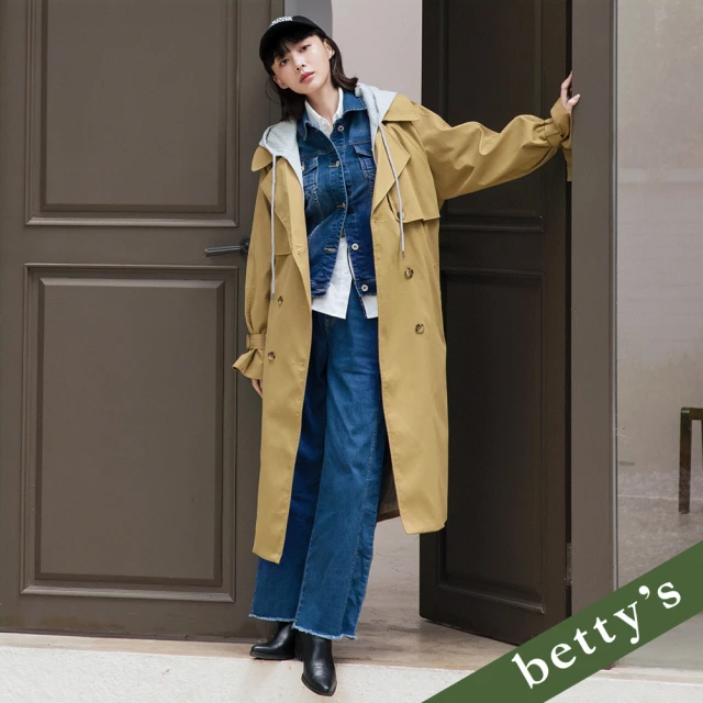 betty’s 貝蒂思 跳色雙排釦落肩長版連帽風衣(卡其)