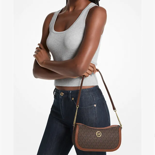 【Michael Kors】專櫃經典款 Leida滿版LOGO 防刮皮革斜背/側背兩用半月包(雙色可選)