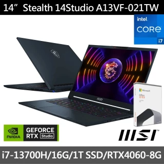 Office 2021★ MSI 微星 14吋i7 RTX4060電競筆電(Stealth 14 Studio/i7-13700H/16G/1TB SSD/W11P/A13VF-0