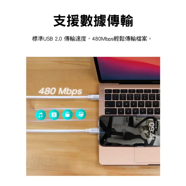 【PX 大通-】贈束帶2年保固2米蘋果Type C 雙向快充線智能IC USB 2.0 充電線手機線iphone筆電apple(ACC2-2W)