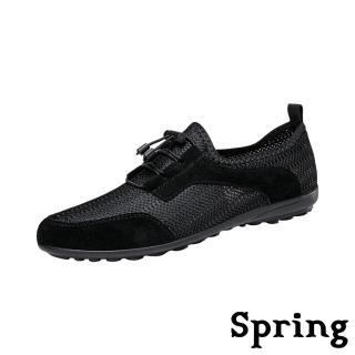 【SPRING】真皮休閒鞋 網布休閒鞋/真皮透氣網布拼接束帶戶外休閒鞋-男鞋(黑)