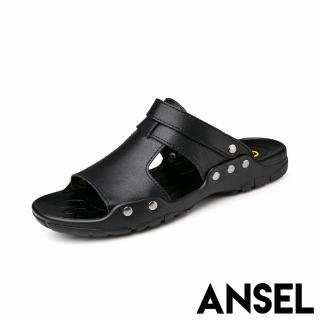 【ANSEL】真皮拖鞋 兩穿拖鞋/真皮兩穿法設計經典休閒百搭涼拖鞋-男鞋(黑)
