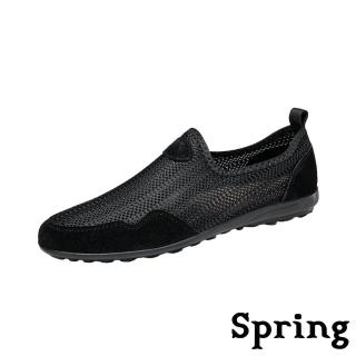 【SPRING】真皮樂福鞋 戶外樂福鞋/真皮透氣飛織戶外休閒樂福鞋-男鞋(黑)