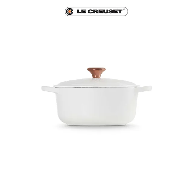 【Le Creuset】蕾絲花恬典藏琺瑯鑄鐵鍋圓鍋20cm(棉花白-銅頭-內鍋黑)