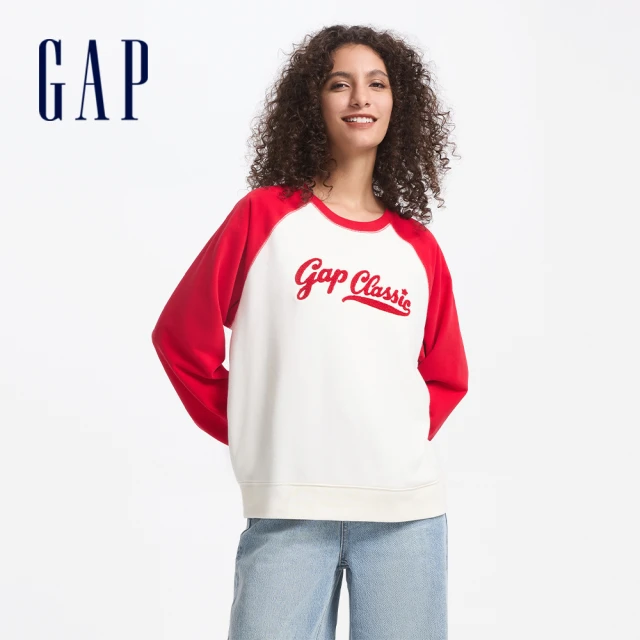 GAP 女裝 Logo刺繡圓領長袖上衣 碳素軟磨法式圈織系列-紅白拼接(641222)