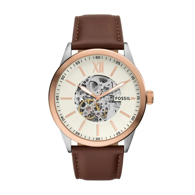 【FOSSIL 官方旗艦館】Flynn 雅仕鏤空機械手錶 棕色真皮錶帶手錶 48MM BQ2880