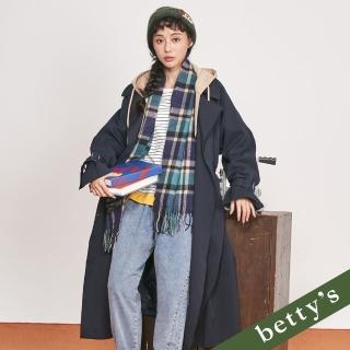 【betty’s 貝蒂思】跳色雙排釦落肩長版連帽風衣(深藍)