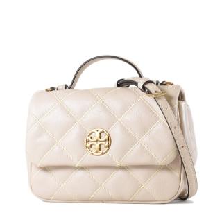 【TORY BURCH】WILLA 金色LOGO菱格紋手提/斜背二用包-香草白/迷你