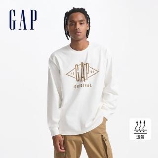 【GAP】男裝 Logo純棉印花圓領長袖上衣 水洗棉系列-白色(636239)