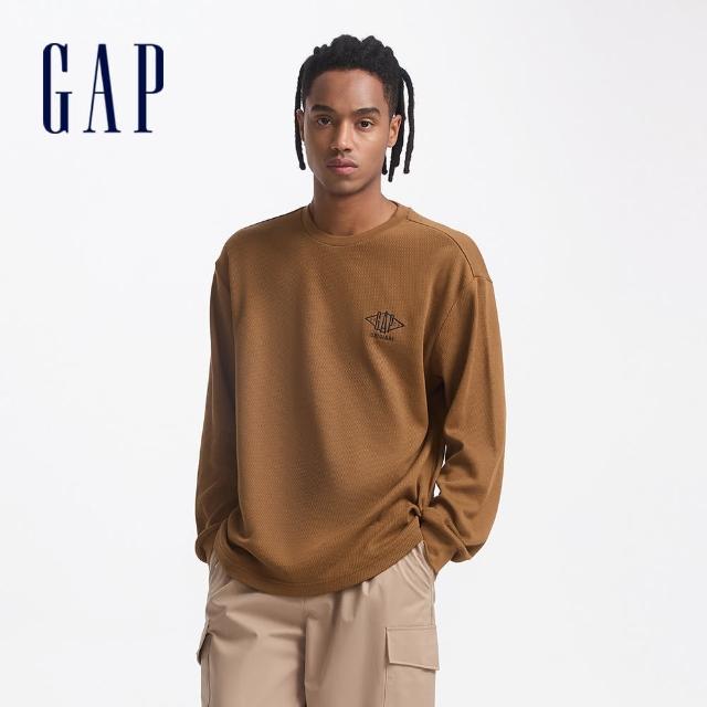 【GAP】男女同款 Logo刺繡圓領長袖上衣-棕色(636993)