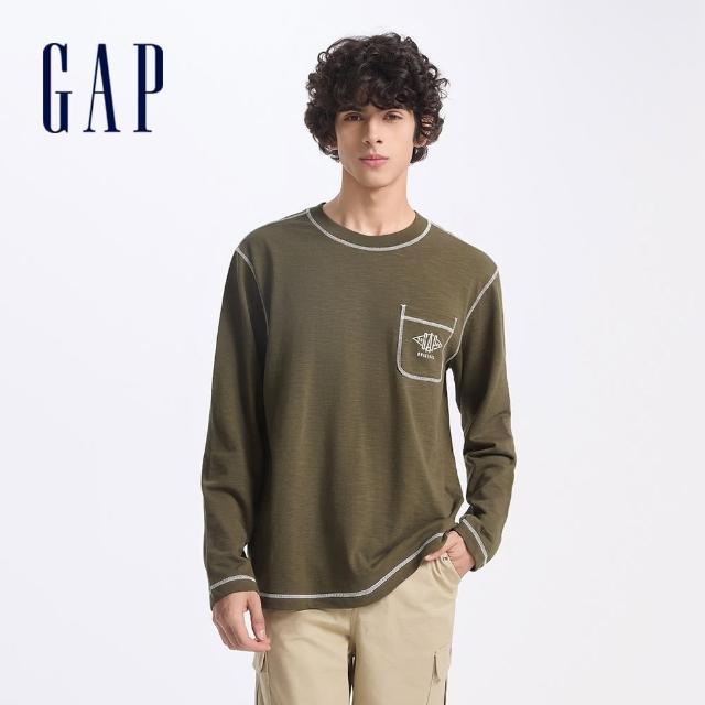 【GAP】男裝 Logo純棉刺繡圓領長袖T恤-軍綠色(636871)