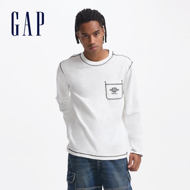 【GAP】男裝 Logo純棉刺繡圓領長袖T恤-白色(636871)