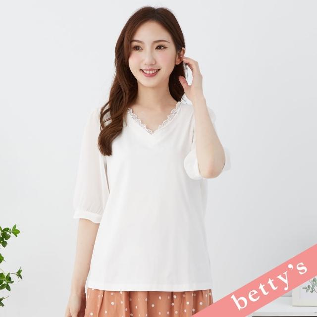 【betty’s 貝蒂思】V領蕾絲雪紡拼接澎袖T-shirt(白色)