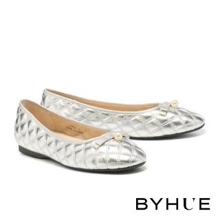 【BYHUE】少女氣質珍珠蝴蝶結羊皮軟芯Q底娃娃平底鞋(銀)