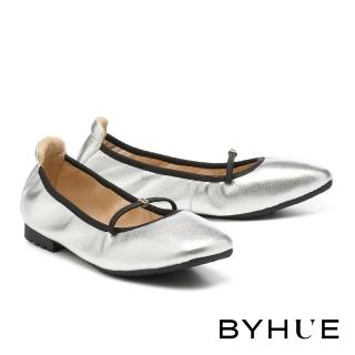 【BYHUE】沉穩氣質LOGO細帶羊皮軟芯Q底瑪莉珍方頭低跟鞋(銀)