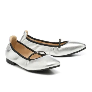 【BYHUE】沉穩氣質LOGO細帶羊皮軟芯Q底瑪莉珍方頭低跟鞋(銀)