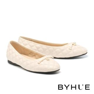 【BYHUE】少女氣質珍珠蝴蝶結羊皮軟芯Q底娃娃平底鞋(米白)
