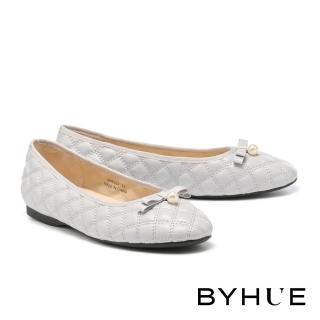 【BYHUE】少女氣質珍珠蝴蝶結羊皮軟芯Q底娃娃平底鞋(灰)