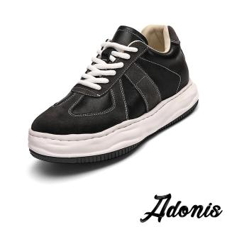 【Adonis】真皮休閒鞋 厚底休閒鞋/真皮異材質拼接復古設計厚底內增高德訓鞋 休閒鞋-男鞋(黑)