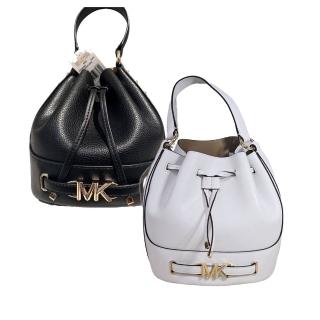 【Michael Kors】Michael Kors REED 金屬大logo全皮革手提斜背兩用水桶包-黑色(母親節送禮)