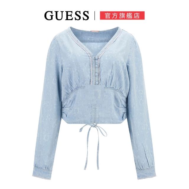 【GUESS】瑪莉復古蕾絲綁帶短版長袖上衣(牛仔藍)