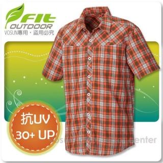 【FIT】男款 格紋吸排抗UV短袖襯衫/立領.透氣.吸濕.輕量(FS1202 鮭魚橙)