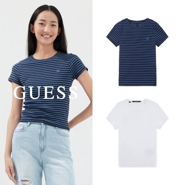 【GUESS】線條愛心刺繡條紋修身短T(兩色任選)