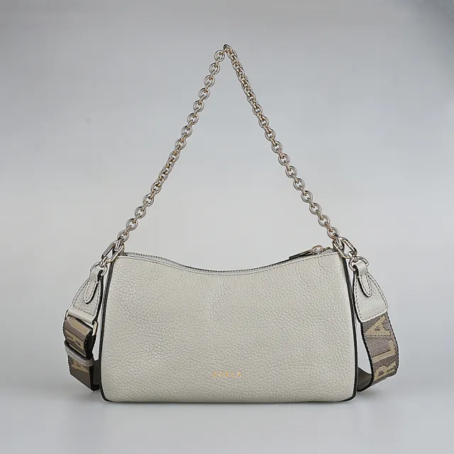 【FURLA 芙拉】FURLA PRIMULA經典拱門壓印金字LOGO粒面紋牛皮拉鍊手提斜背包(迷你/大理石灰)