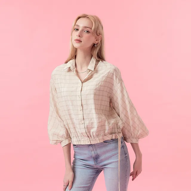 【ICHE 衣哲】Cop.Copine 法式格紋嫘縈長袖開襟襯衫上衣-奶駝色