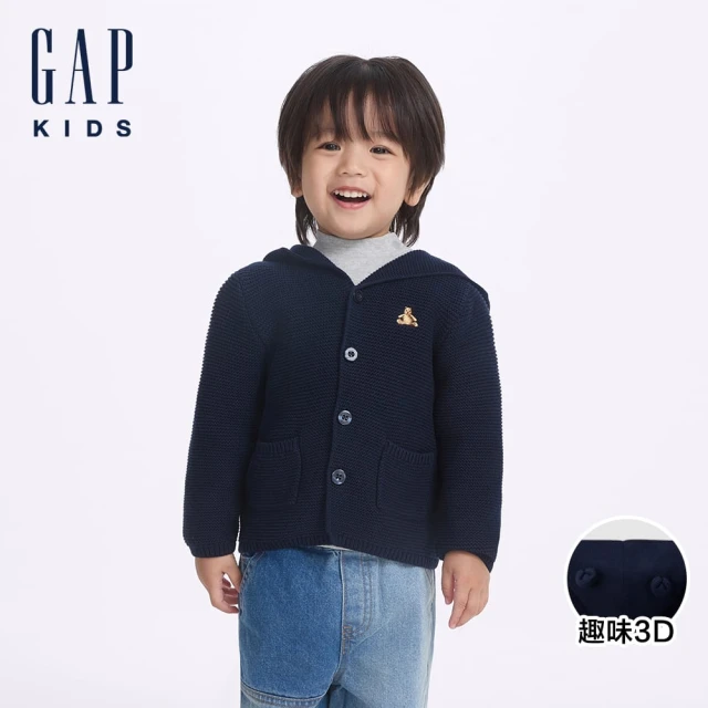 GAP 男幼童裝 純棉小熊刺繡熊耳造型連帽針織外套-海軍藍(645906)