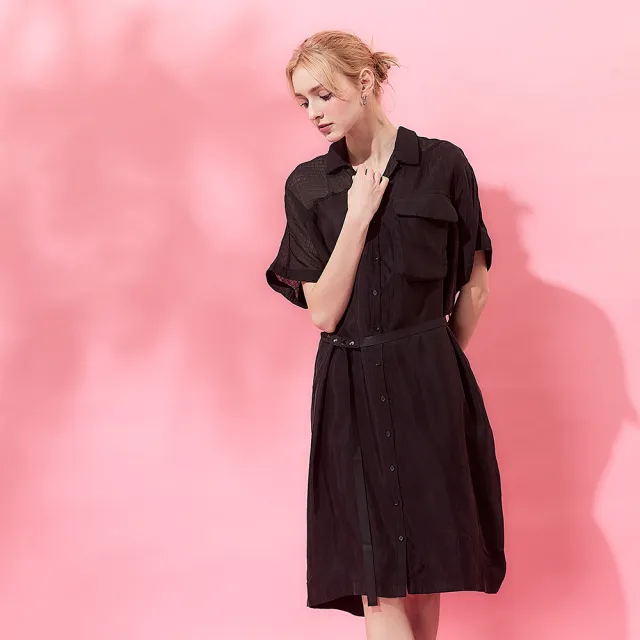 【ICHE 衣哲】Cop.Copine 法式棉籽絨開襟短袖洋裝-黑色