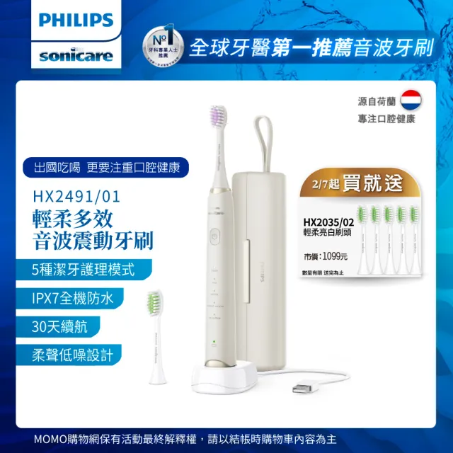 【Philips 飛利浦】Sonicare輕柔多效音波震動牙刷-小亮刷珍珠白 HX2491/01(送刷頭5入)