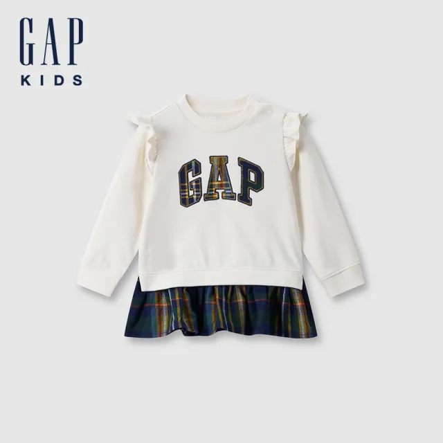 【GAP】女幼童裝 Logo刺繡假兩件圓領長袖上衣 碳素軟磨法式圈織系列-象牙白(643510)