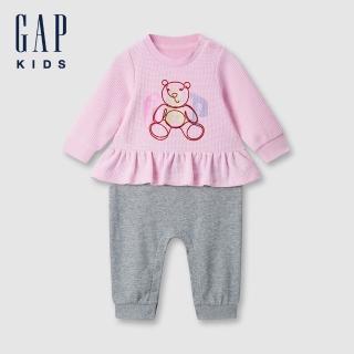 【GAP】嬰兒裝 Logo小熊印花圓領長袖包屁衣/連身衣-粉色(644632)