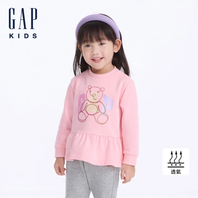 GAP 女幼童裝 Logo小熊印花圓領長袖上衣 碳素軟磨法式圈織系列-粉色(643192)