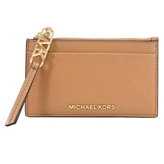 【Michael Kors】簡約金屬LOGO皮革信用卡證件名片零錢包(淺咖)