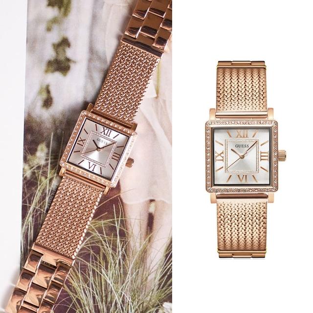 【GUESS】白面 玫瑰金殼 米蘭+不鏽鋼錶帶 晶鑽方型手錶 女錶 情人節(W0826L3)