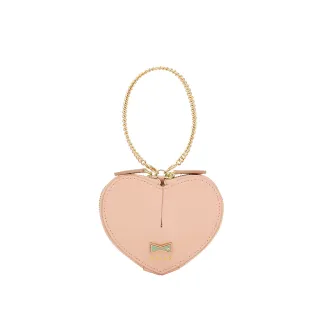 【KINAZ】牛皮鑽飾蝴蝶結立體愛心型鍊條零錢包-茱萸粉-喵星人系列