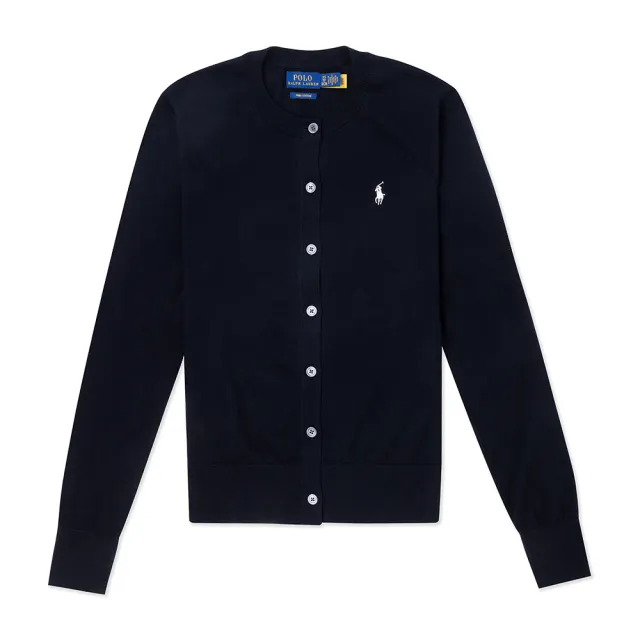 【RALPH LAUREN】RL POLO 經典圓領刺繡小馬針織開襟外套-女-黑色 上衣(平輸品)