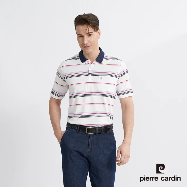 pierre cardin 皮爾卡登 網路獨家 男款 Hi Cool彈力吸濕排汗條紋短袖POLO衫-桃紅色(7227266-90)