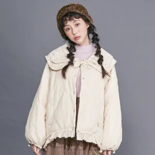 【betty’s 貝蒂思】刺繡雙層翻領荷葉邊下擺鋪棉外套(米白)