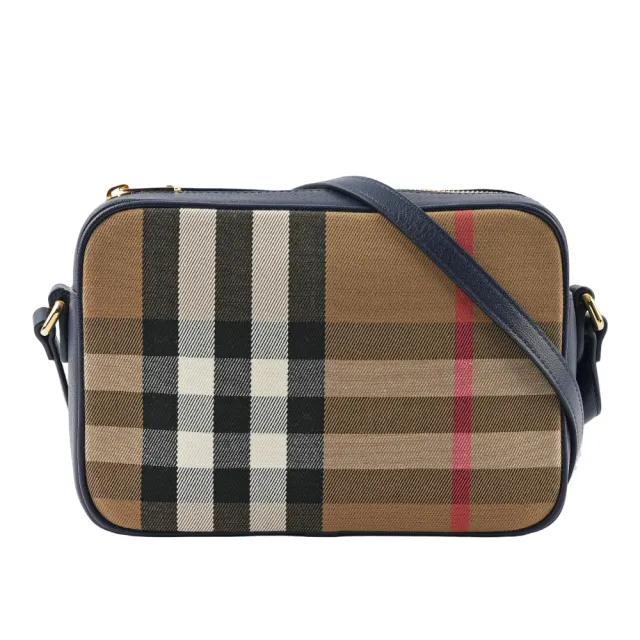 【BURBERRY 巴寶莉】經典深格紋及牛皮大款拉鍊相機包(海軍藍)
