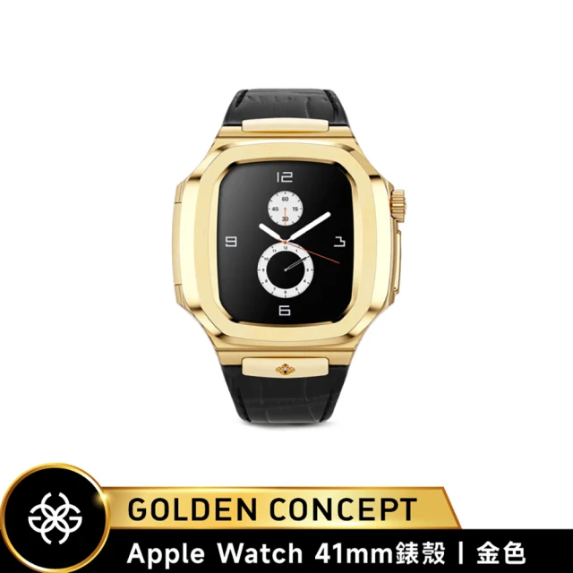 Golden Concept Apple Watch 41mm 保護殼 ROL41 金錶殼/黑皮革錶帶(Royal Leather)