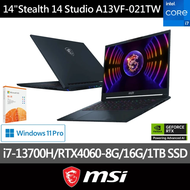 M365★ MSI 微星 14吋i7 RTX4060電競筆電(Stealth 14 Studio/i7-13700H/16G/1TB SSD/W11P/A13VF-021TW)